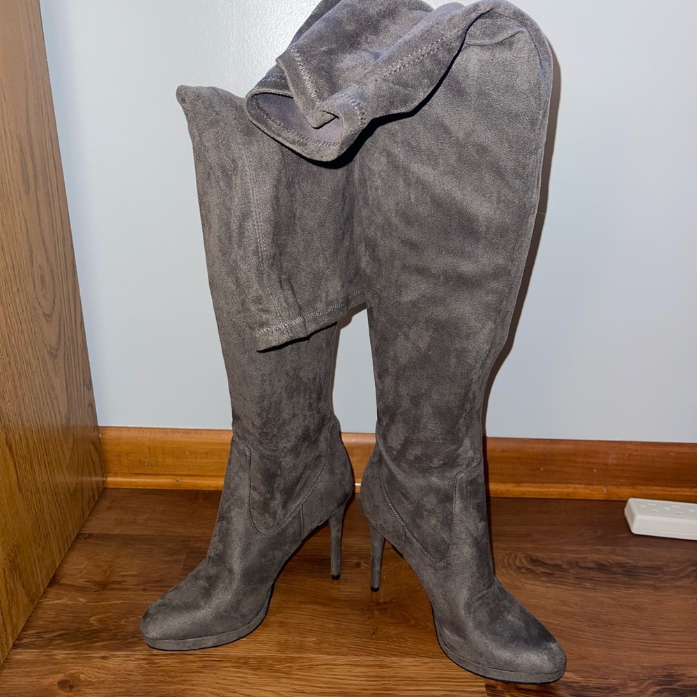 Grey suede over-the-knee heels
